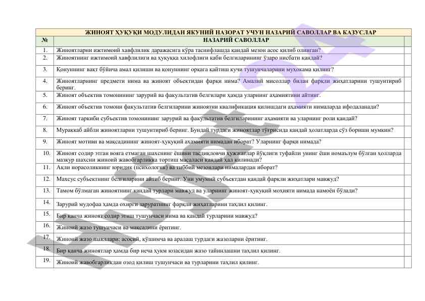Nazariy savollar va kazuslar bo'yicha yo'riqnoma