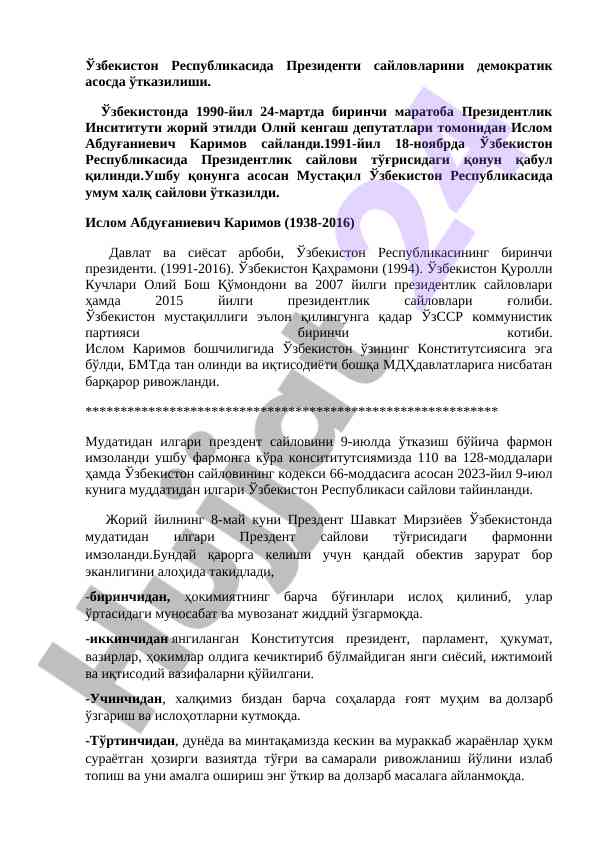 Demokratik asosda prezidentlik saylovlari o‘tkazilishi