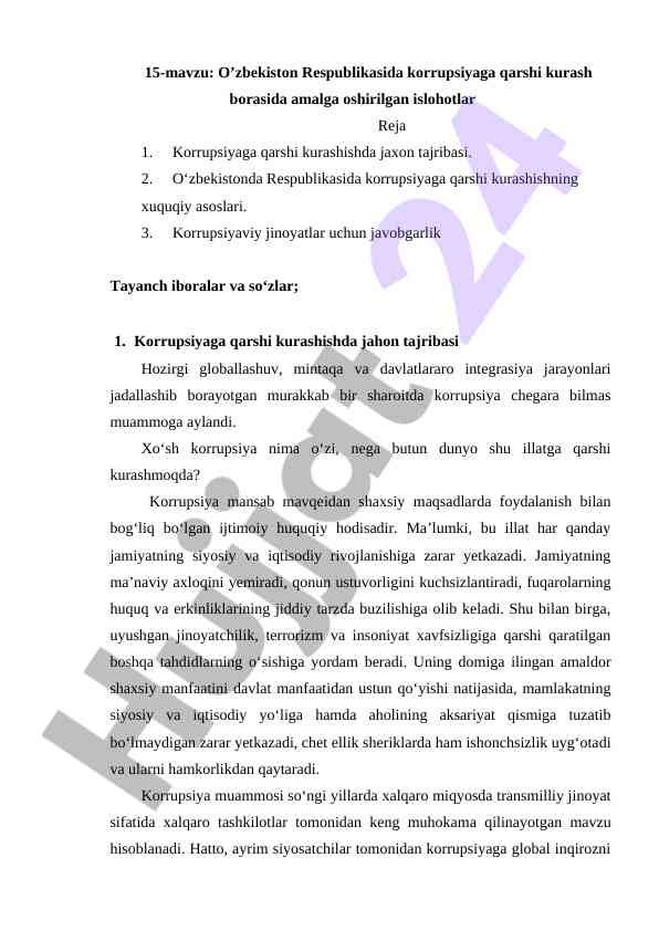 O’zbekiston korrupsiyaga qarshi kurash islohotlari