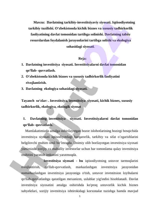 Davlatning investitsiyaviy siyosati va kichik biznes