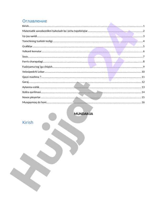 Matematik savodxonlikni baholash bo'yicha topshiriqlar