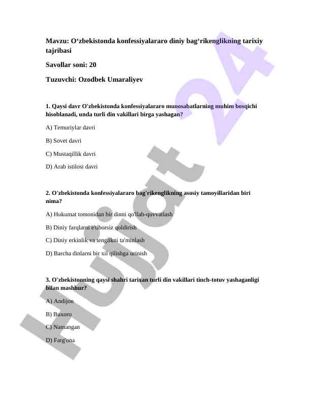 Oʻzbekistonda konfessiyalararo diniy bagʻrikenglik testi