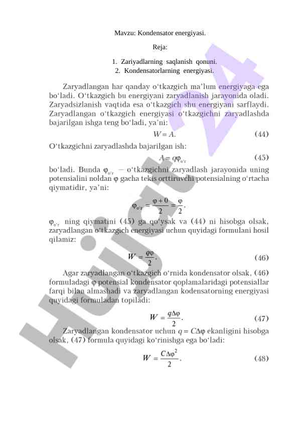 Kondensator energiyasi va zariyadlarning qonuni