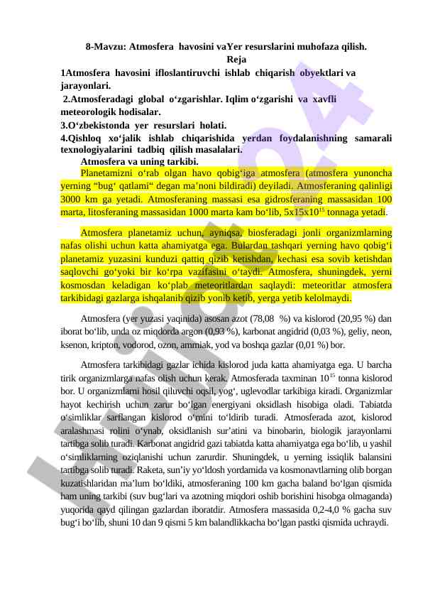 Atmosfera havosini va yer resurslarini muhofaza qilish