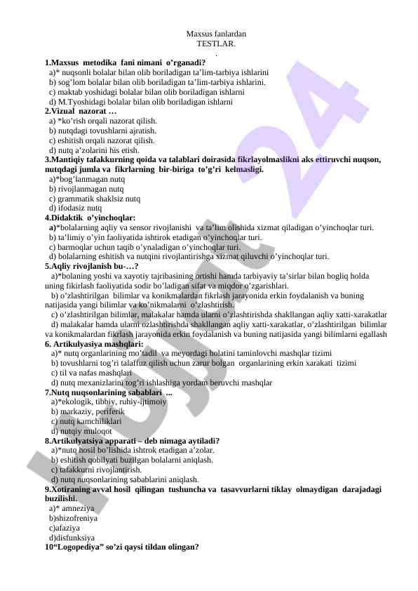 Maxsus metodika fani testlari va savollari