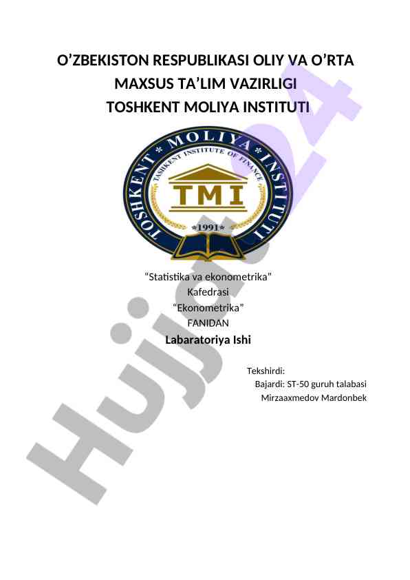 Ekonometrika Fanidan Laboratoriya Ishi
