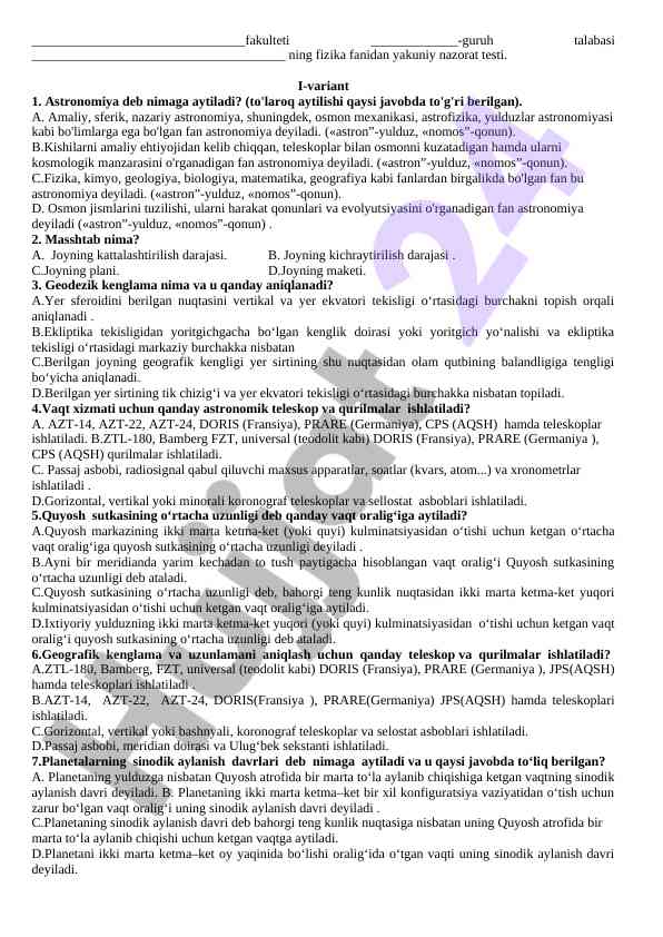 Astronomiya va masshtab nazorat testi