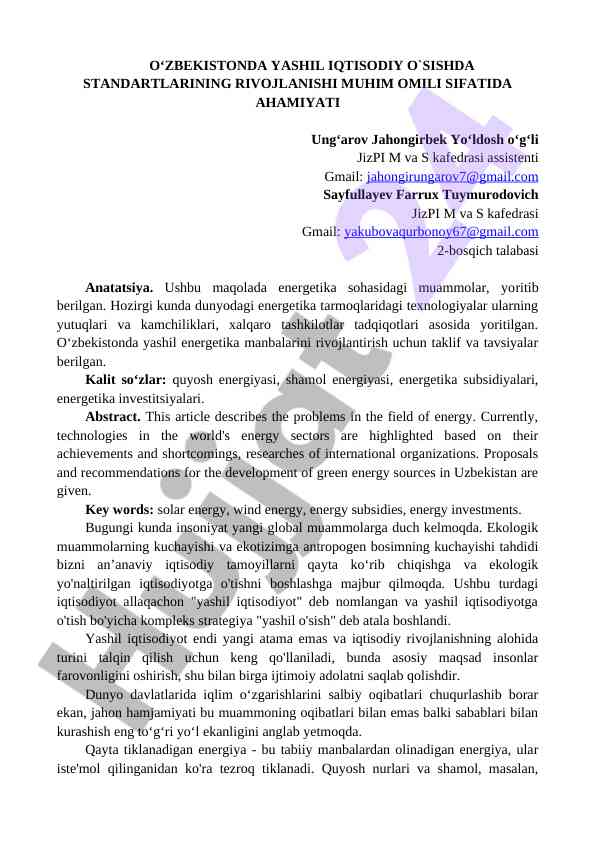 O‘zbekistonda yashil iqtisodiy o‘sish standartlari