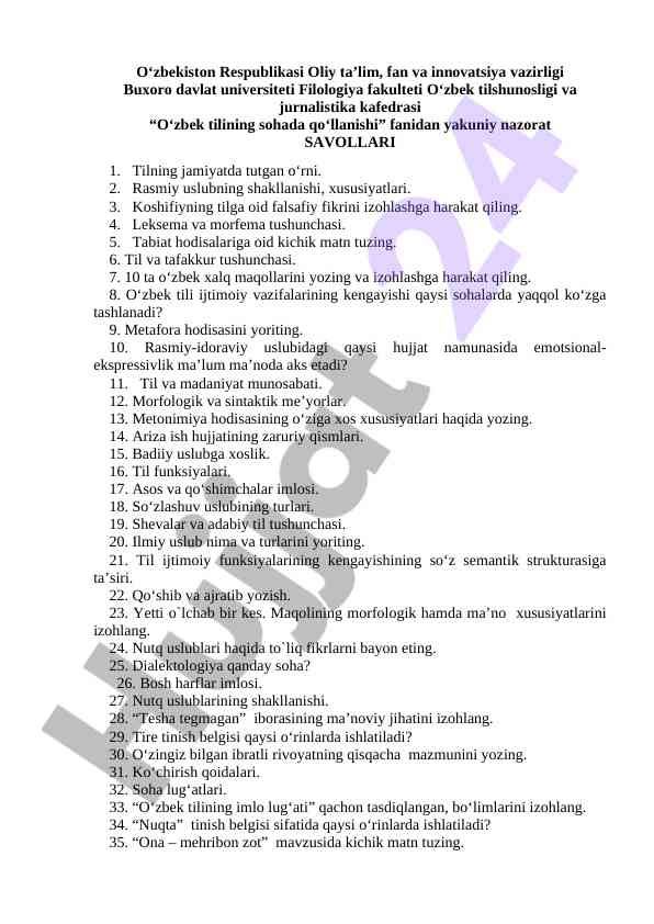 O‘zbek Tilining Soha Qo‘llanilishi Test Savollari