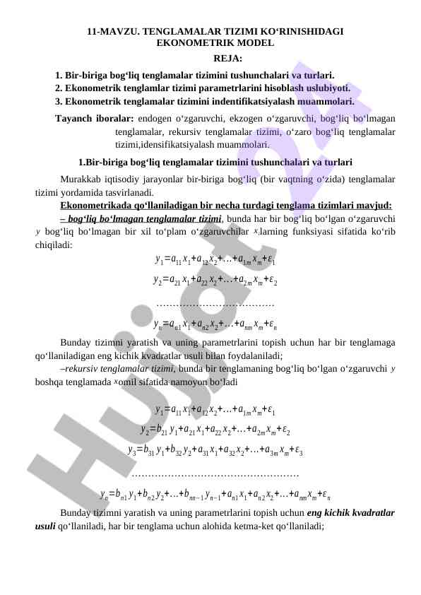 Tenglamalar tizimidagi ekonometrik modellar
