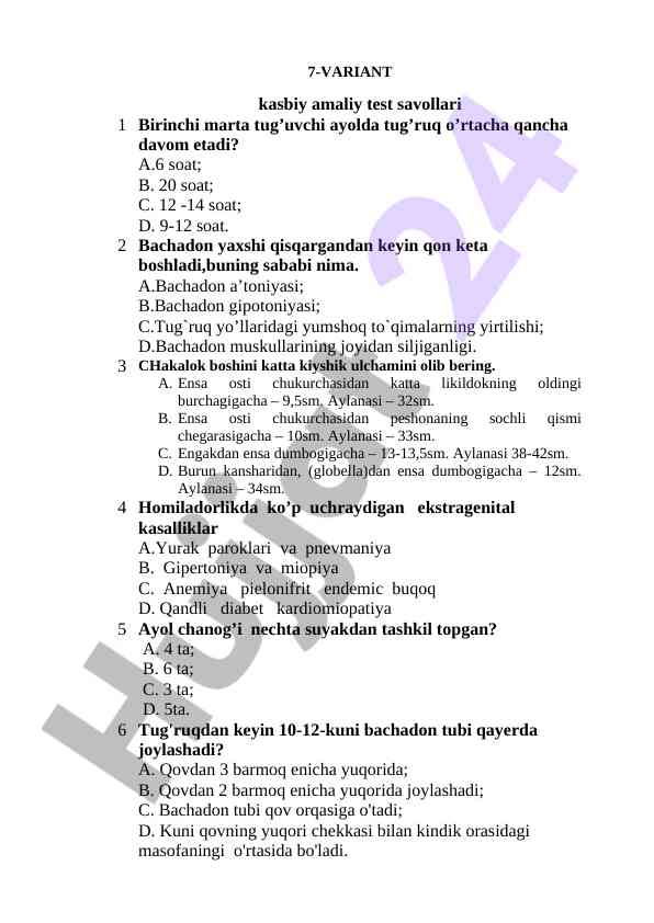 7-variant test sinovlari uchun malumotlar