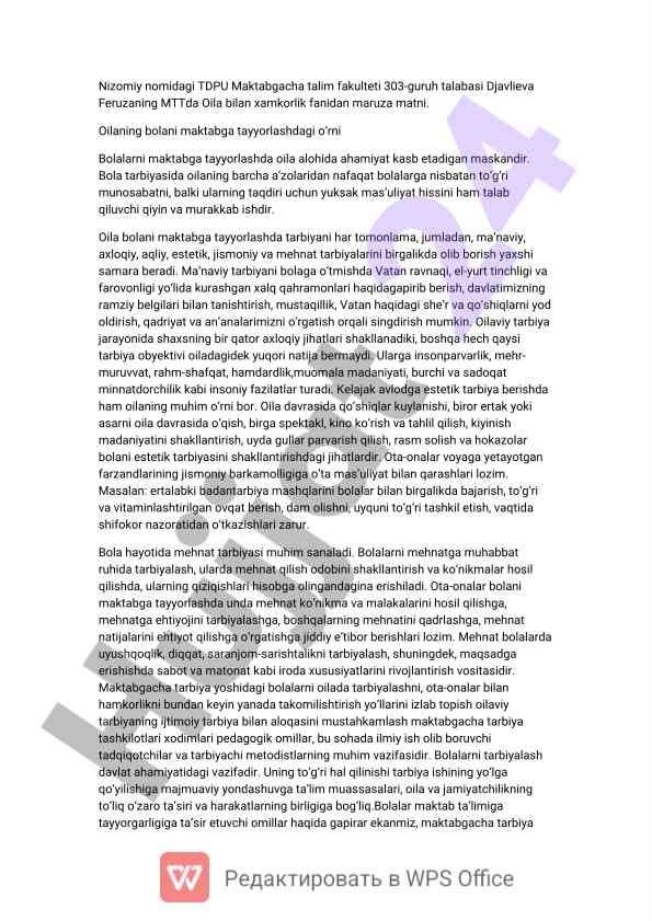 Oila bilan hamkorlik fanida maruza matni