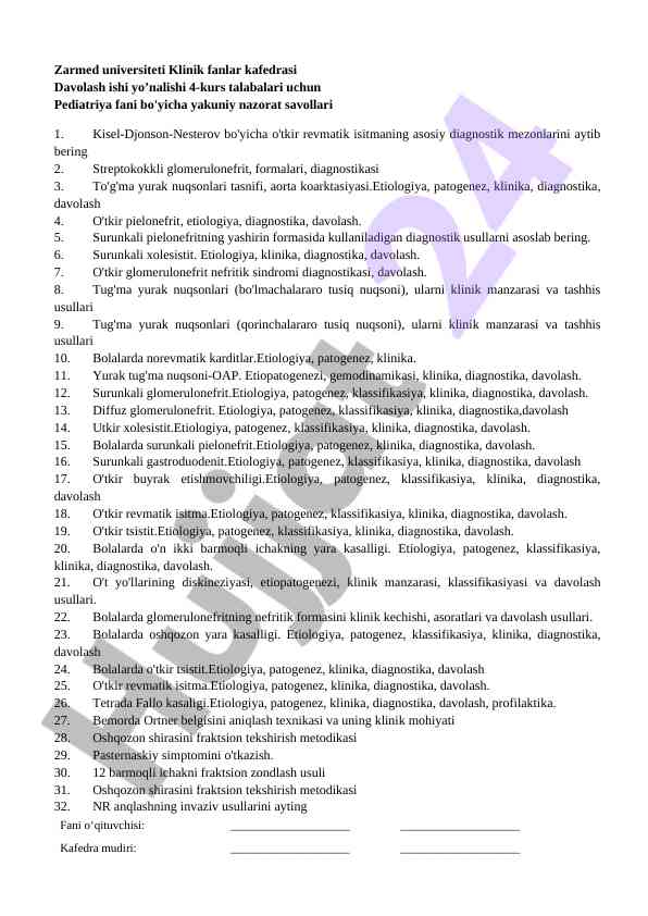 Pediatriya fanidan yakuniy nazorat savollari