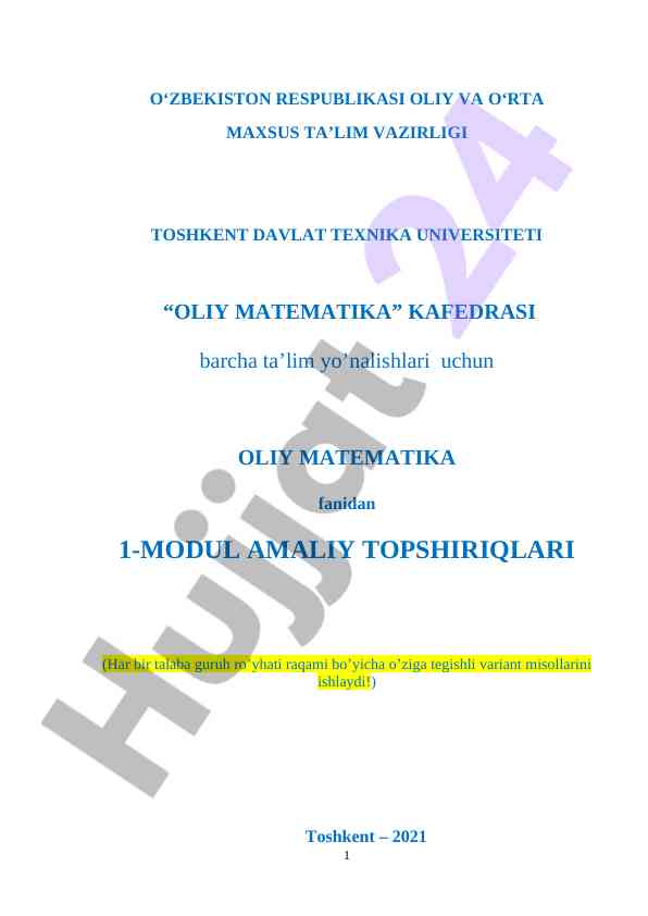 Oliy matematika fani amaliy topshiriqlari