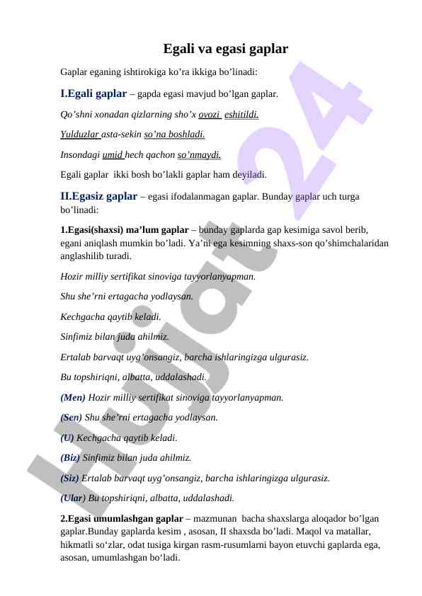 Egali va egasi gaplar tahlili va tasnifi