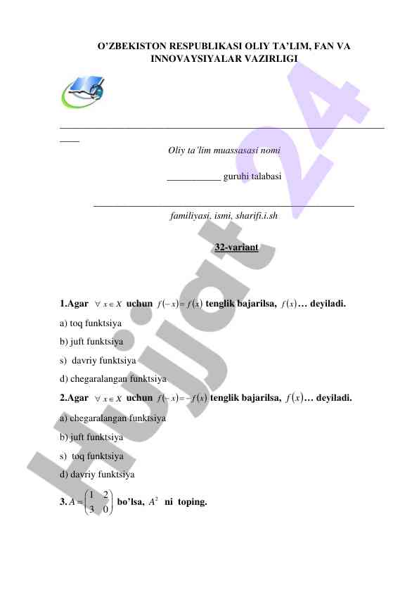 Matematika fanidan kurs ishlari variantlari