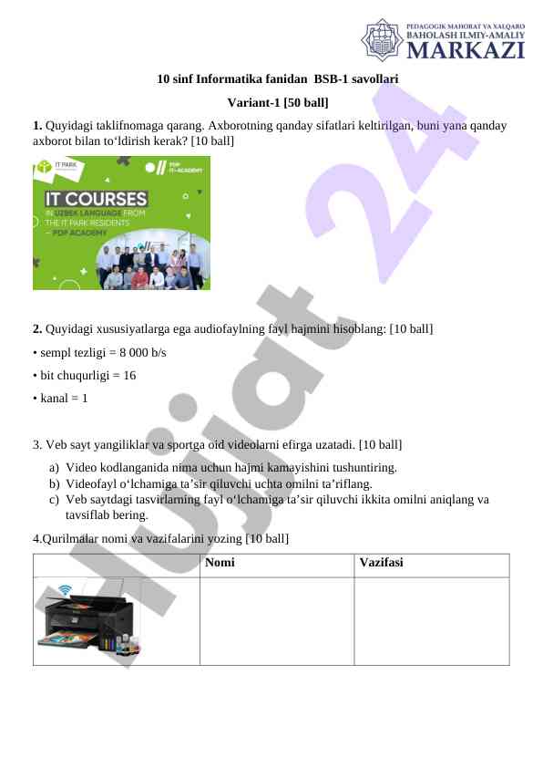 10 sinf informatika fanidan bsb-1 savollari variant-1