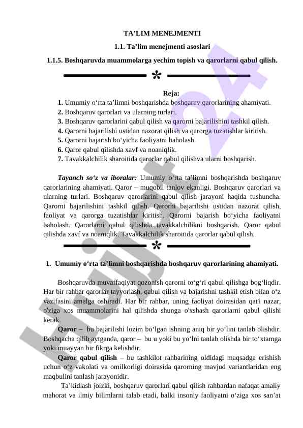 Ta'lim menejmentining asoslari va qarorlar qabul qilish