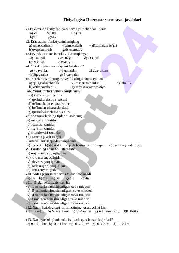 Fiziyalogiya ii semestr test savollari va javoblari