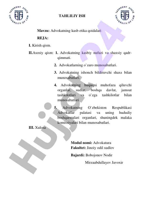 Advokatning kasb etika qoidalari tahlili
