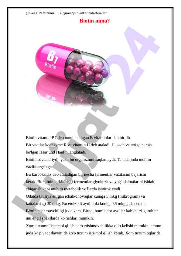 Biotin: vitamin b7 va uning muhim vazifalari