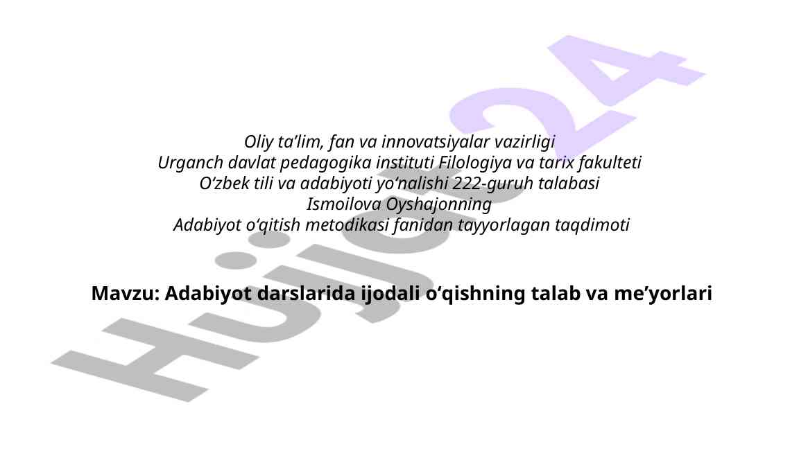 Adabiyot Darslarida Ijodali Oqishning Talab Va Meyorlari