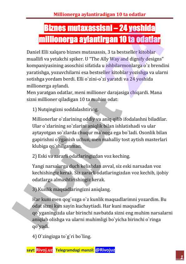 Millionerga aylantiradigan 10 ta odatlar
