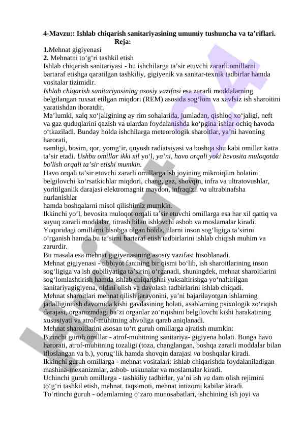 Ishlab chiqarish sanitariyasi tushunchasi va vazifalari