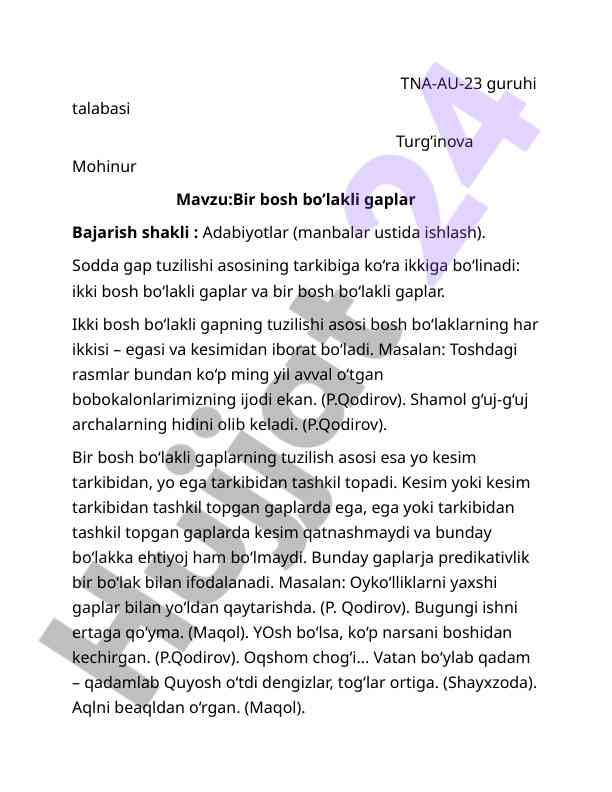 Bir bosh bo‘lakli gaplar tahlili