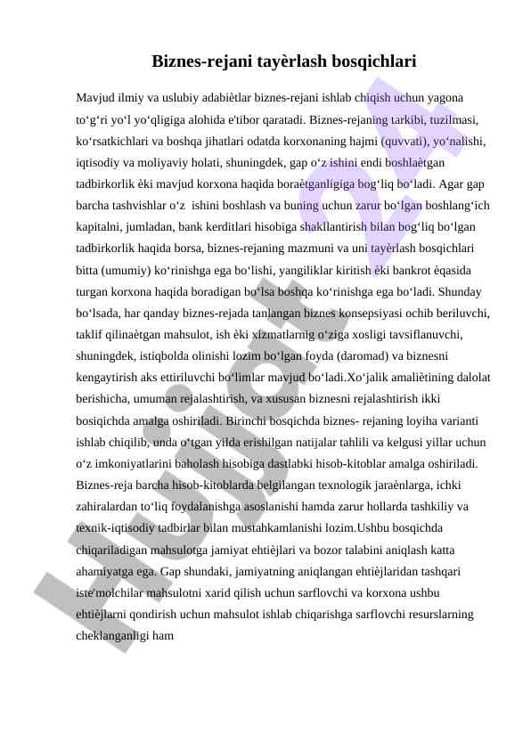 Biznes-reja tayyorlash bosqichlari va muammolari