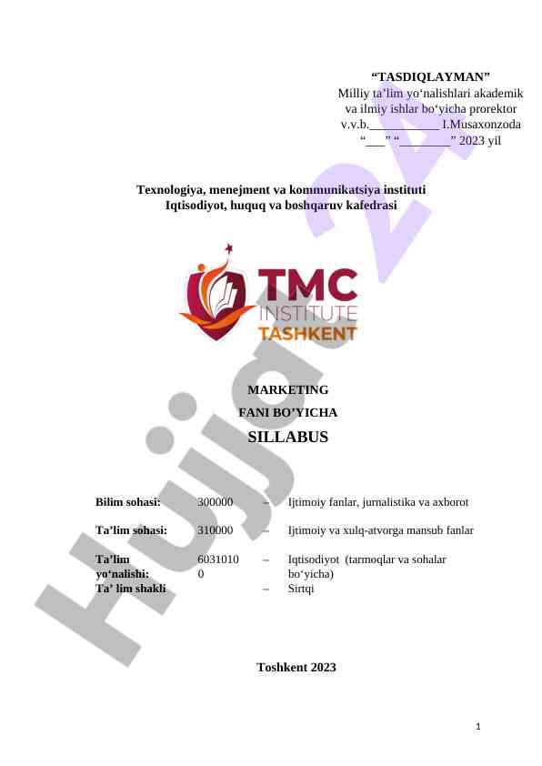 Marketing fani bo'yicha syllabus 2023