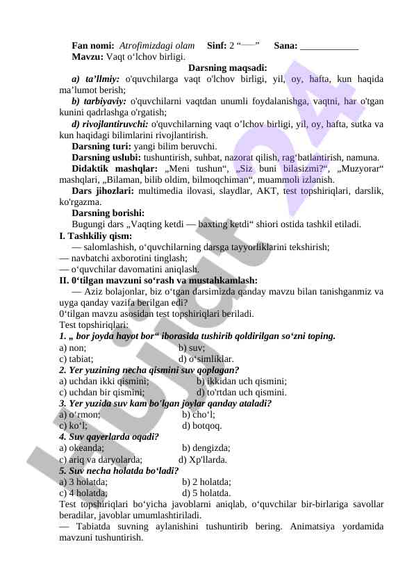 Vaqt o‘lchov birligi bo‘yicha dars ishlanmasi