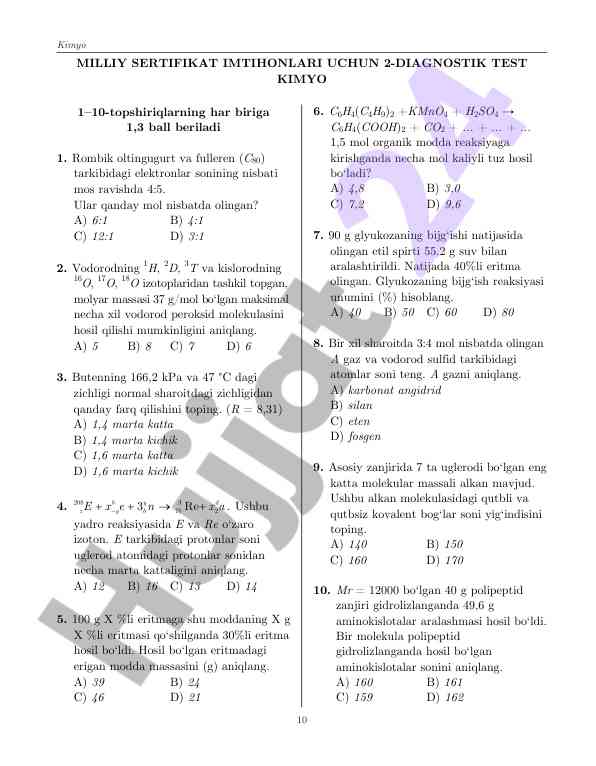 Kimyo diagnostik test savollari 10 sinf uchun