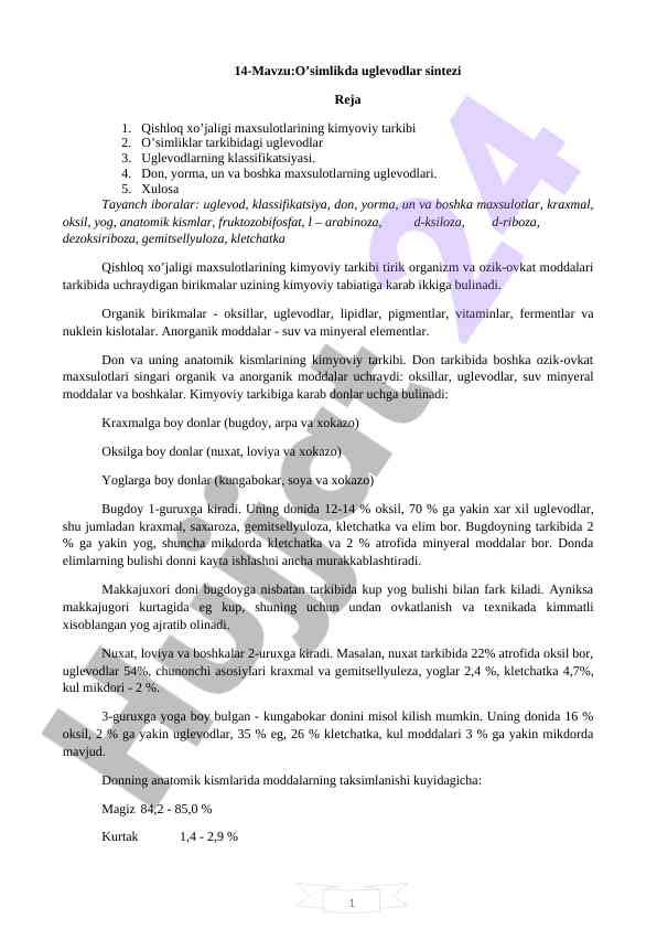 O’simlikda uglеvodlar sintezi va klassifikatsiyasi