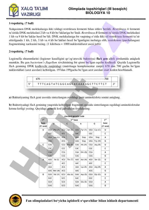 Biologiya fan olimpiadasi iii bosqich topshiriqlari