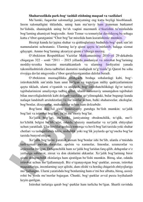Park-bog' tashkil etishning maqsad va vazifalari