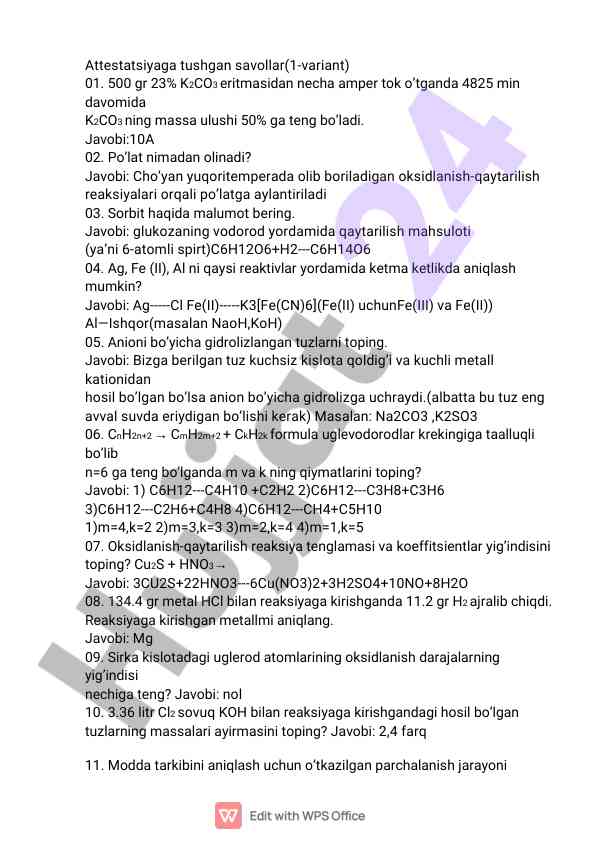 Kimyo o‘qitishida test savollari