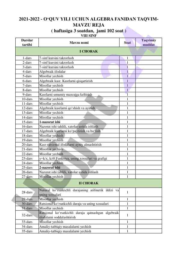 7-sinf matematikasini takrorlash darslari tartibi