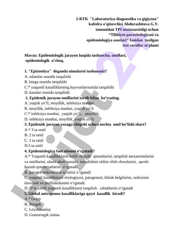 Tibbiyot parazitologiyasi va epidemiologiya test savollari