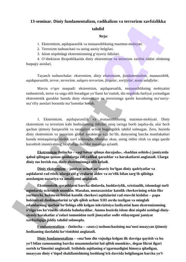 Diniy fundamentalizm va terrorizm xavfsizlikka tahdid