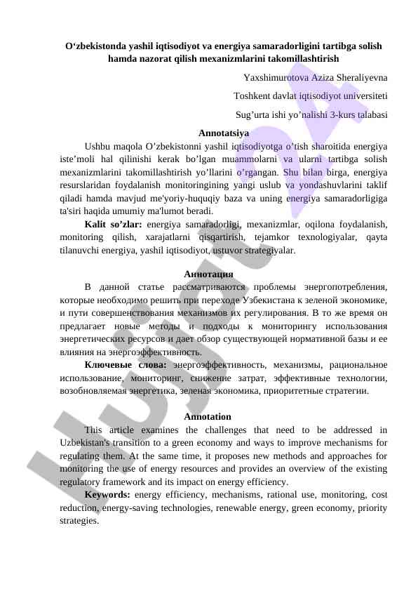 Yashil iqtisodiyot va energiya samaradorligi