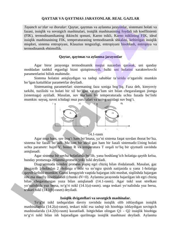 Termodinamik jarayonlar bilan bog'liq tahlillar