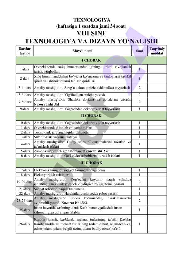 O‘zbekistan xalq hunarmandchiligi darslari tartibi