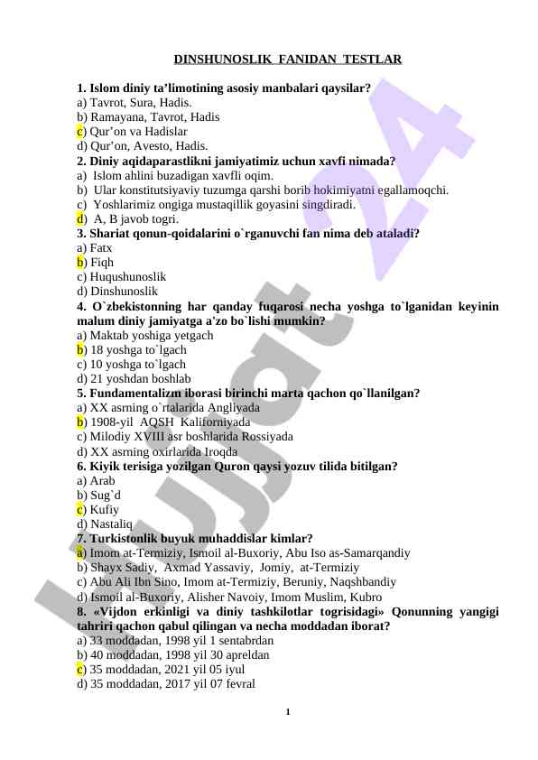 Dinshunoslik fanidan testlar