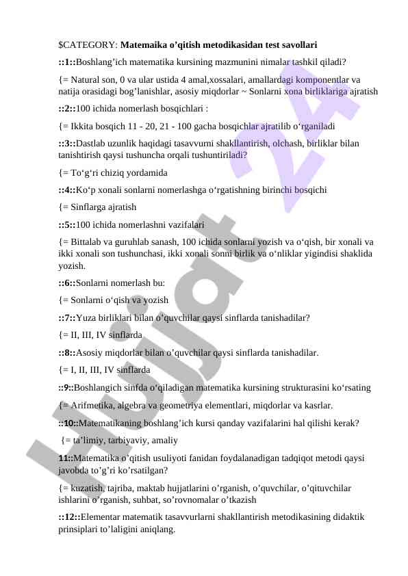Matematika o'qitish metodikasi test savollari