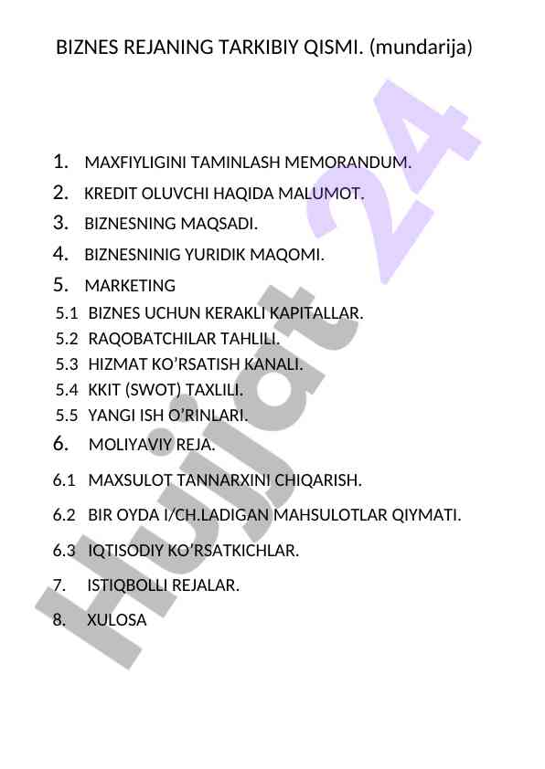 Biznes rejaning tarkibiy qismi