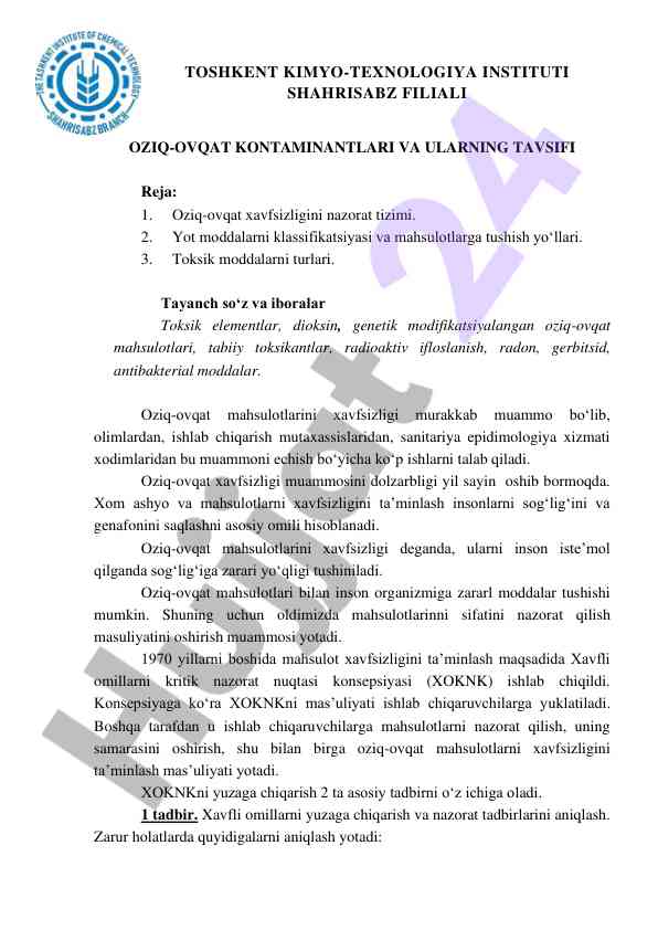 Oziq-ovqat kontaminantlari va ularning tavsifi