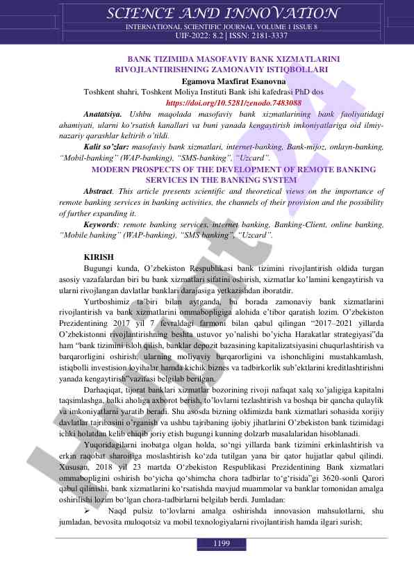 Masofaviq bank xizmatlari rivojlantirishning zamonaviy istiqbollari