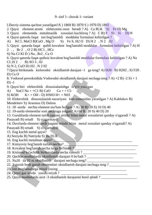 9-sinf kimyo testlari 1-variant