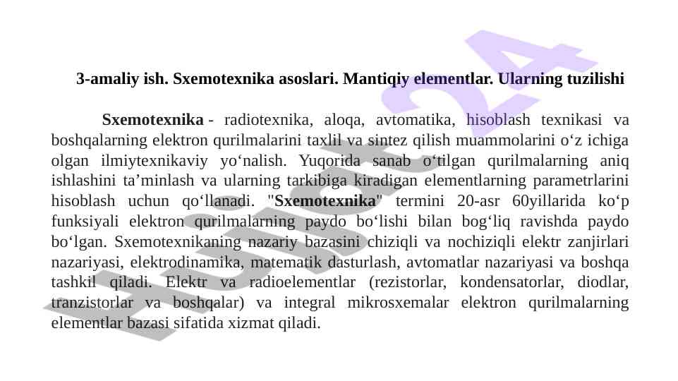 Sxemotexnika asoslari mantiqiy elementlar bo'yicha